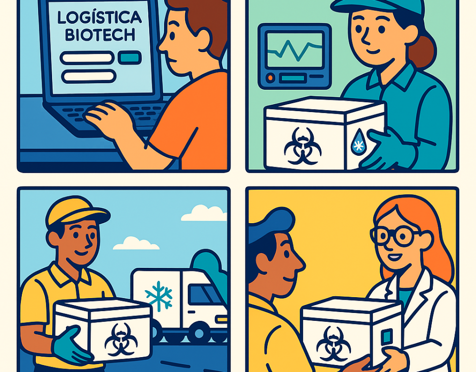 Ilustración cómic sobre envíos de muestras biológicas internacionales con NXTP.es