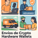 Ilustración cómic sobre logística segura de crypto hardware wallets con NXTP.es
