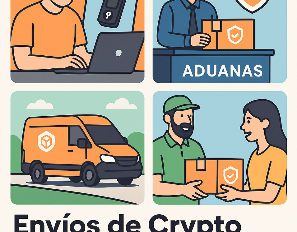 Ilustración cómic sobre logística segura de crypto hardware wallets con NXTP.es
