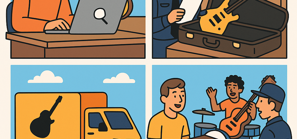 Ilustración cómic sobre envío de instrumentos musicales a giras internacionales con NXTP.es