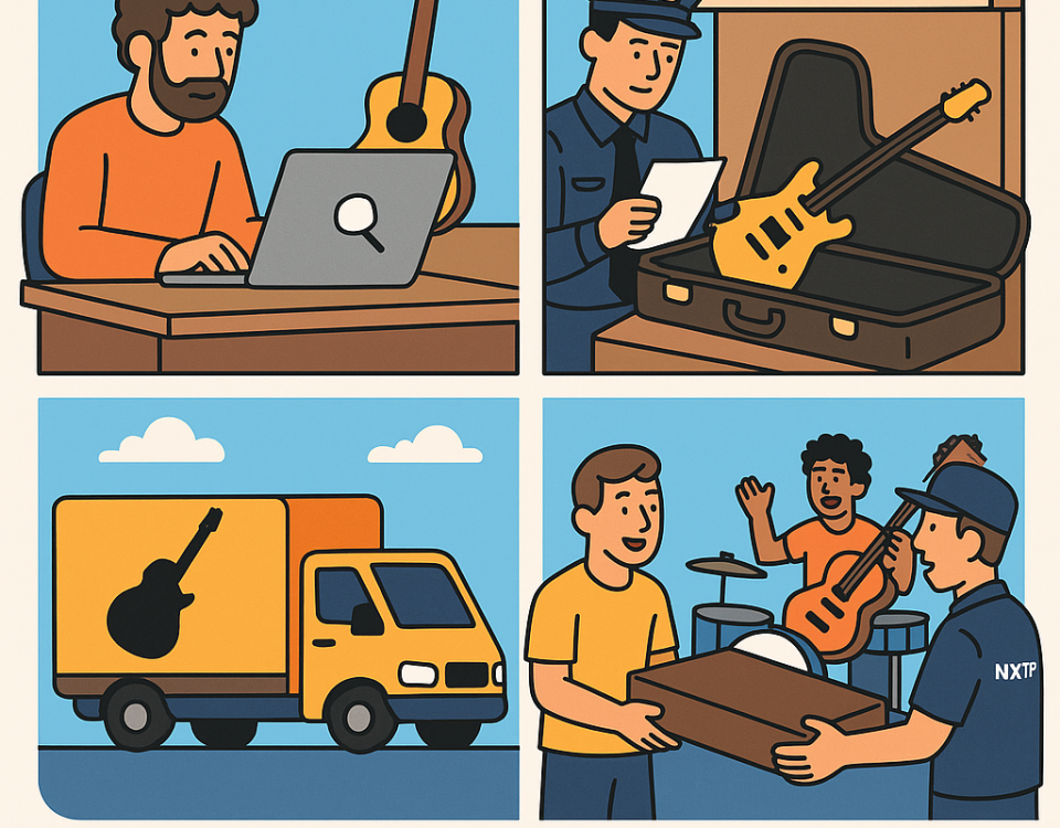 Ilustración cómic sobre envío de instrumentos musicales a giras internacionales con NXTP.es