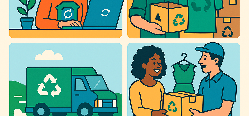 Ilustración cómic sobre envíos sostenibles de moda y logística circular con NXTP.es