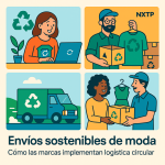 Ilustración cómic sobre envíos sostenibles de moda y logística circular con NXTP.es