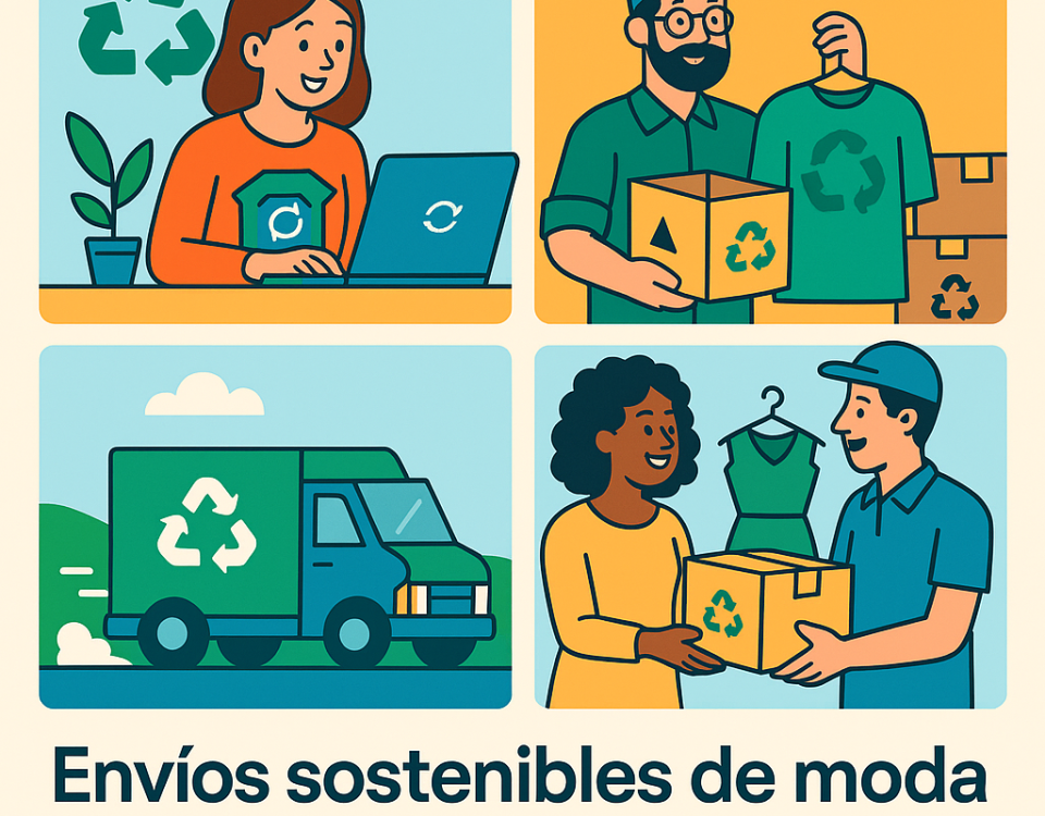Ilustración cómic sobre envíos sostenibles de moda y logística circular con NXTP.es