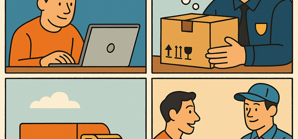 Ilustración cómic sobre envíos de figuras de edición limitada y objetos de colección con NXTP.es
