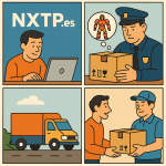 Ilustración cómic sobre envíos de figuras de edición limitada y objetos de colección con NXTP.es