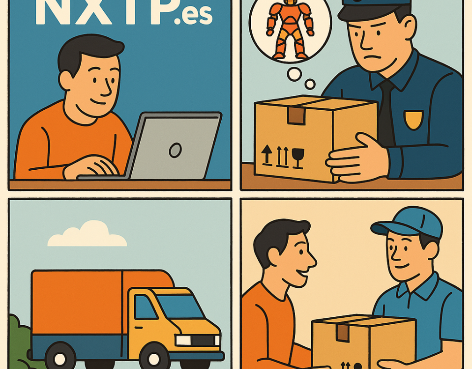Ilustración cómic sobre envíos de figuras de edición limitada y objetos de colección con NXTP.es