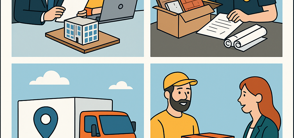 Ilustración cómic sobre envíos inmobiliarios de maquetas, muestras de materiales y documentación con NXTP.es