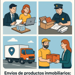 Ilustración cómic sobre envíos inmobiliarios de maquetas, muestras de materiales y documentación con NXTP.es