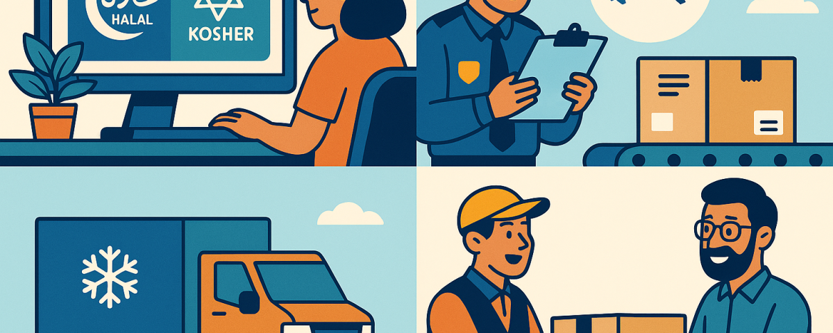 Ilustración cómic sobre logística eCommerce Halal y Kosher con NXTP.es