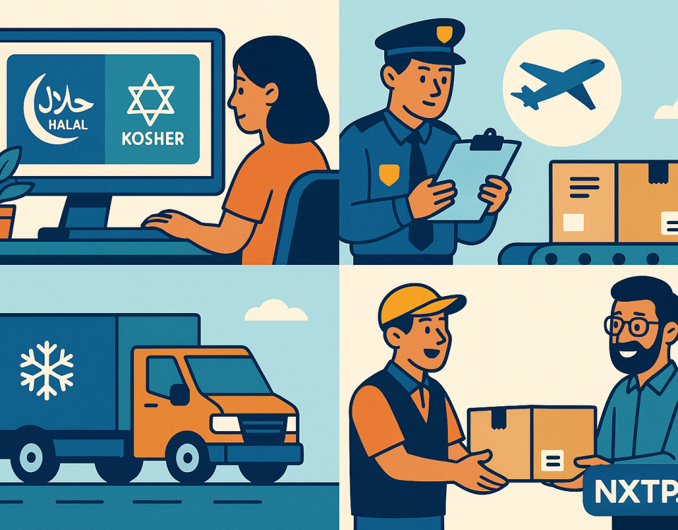 Ilustración cómic sobre logística eCommerce Halal y Kosher con NXTP.es