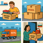 Ilustración cómic Flat Design sobre envío de productos de segunda mano a Bulgaria con NXTP.es.