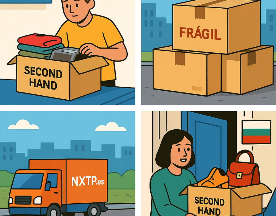Ilustración cómic Flat Design sobre envío de productos de segunda mano a Bulgaria con NXTP.es.