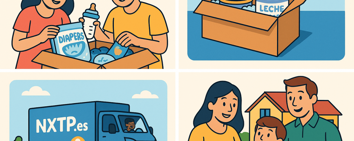 Ilustración cómic Flat Design sobre envío de productos de bebé a Bulgaria con NXTP.es.