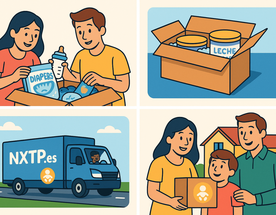 Ilustración cómic Flat Design sobre envío de productos de bebé a Bulgaria con NXTP.es.