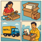 Ilustración cómic Flat Design sobre envío de material de arte y manualidades a Bulgaria con NXTP.es.