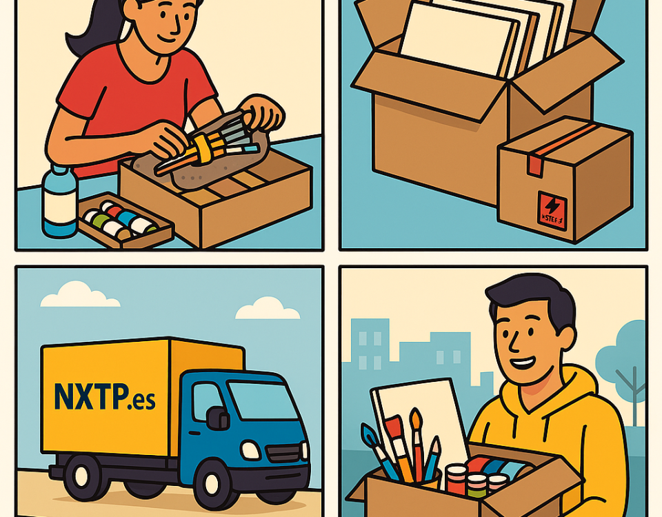 Ilustración cómic Flat Design sobre envío de material de arte y manualidades a Bulgaria con NXTP.es.