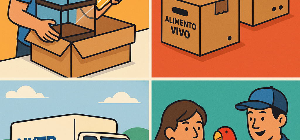 Ilustración cómic Flat Design sobre envío de productos para mascotas exóticas a Bulgaria con NXTP.es.