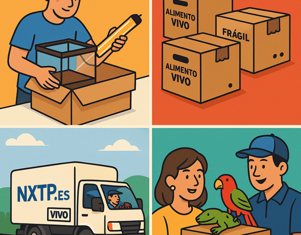 Ilustración cómic Flat Design sobre envío de productos para mascotas exóticas a Bulgaria con NXTP.es.