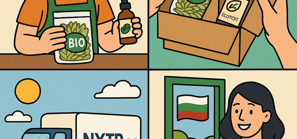 Ilustración cómic Flat Design sobre envío de productos de herbolario y fitoterapia a Bulgaria con NXTP.es.