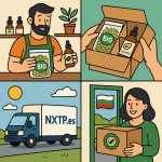 Ilustración cómic Flat Design sobre envío de productos de herbolario y fitoterapia a Bulgaria con NXTP.es.