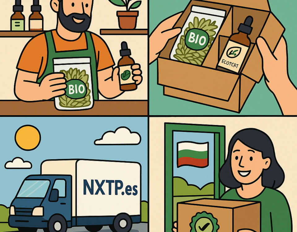 Ilustración cómic Flat Design sobre envío de productos de herbolario y fitoterapia a Bulgaria con NXTP.es.