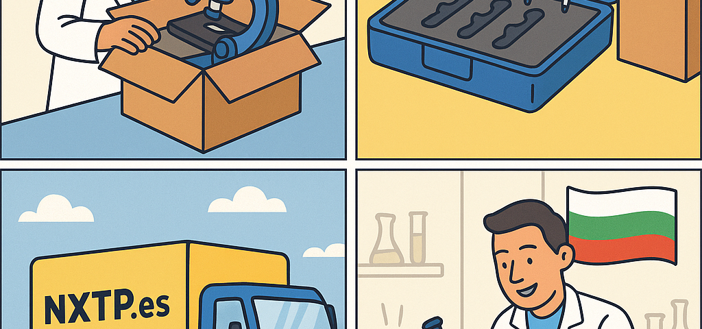 Ilustración cómic Flat Design sobre envío de instrumentos de laboratorio a Bulgaria con NXTP.es.