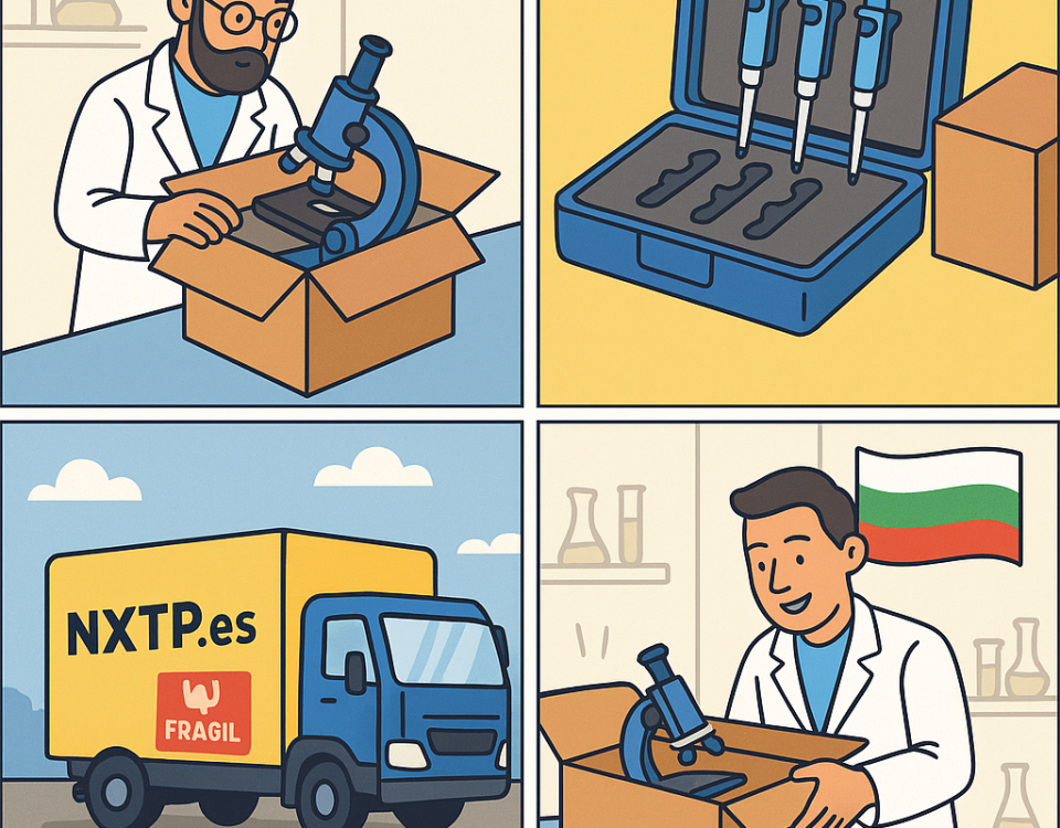 Ilustración cómic Flat Design sobre envío de instrumentos de laboratorio a Bulgaria con NXTP.es.