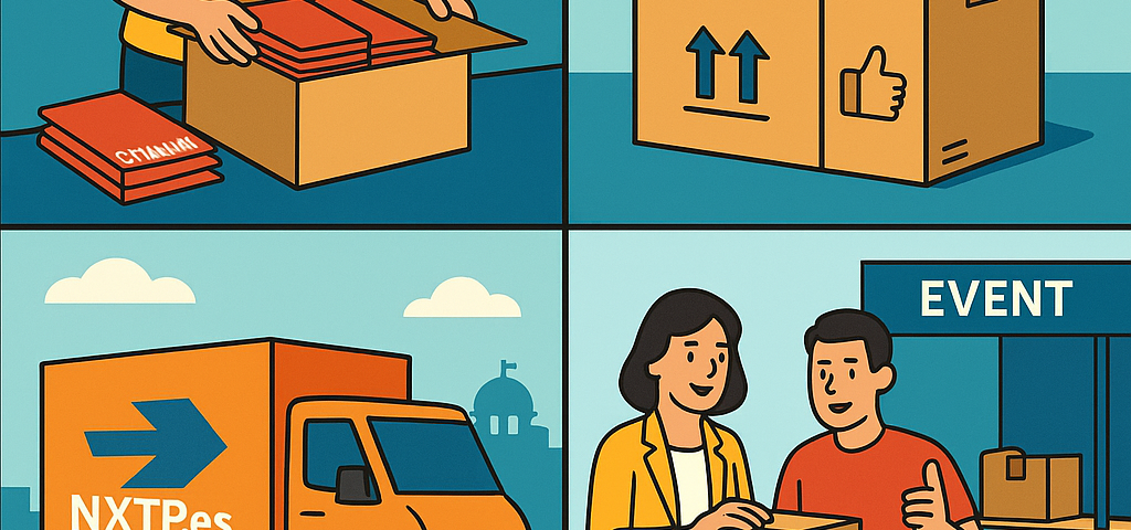 Ilustración cómic Flat Design sobre envío de merchandising de eventos a Bulgaria con NXTP.es.