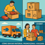 Ilustración cómic Flat Design sobre envío de merchandising de eventos a Bulgaria con NXTP.es.