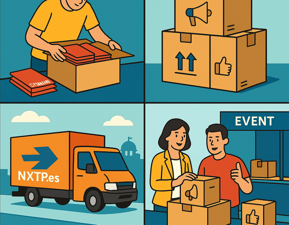 Ilustración cómic Flat Design sobre envío de merchandising de eventos a Bulgaria con NXTP.es.
