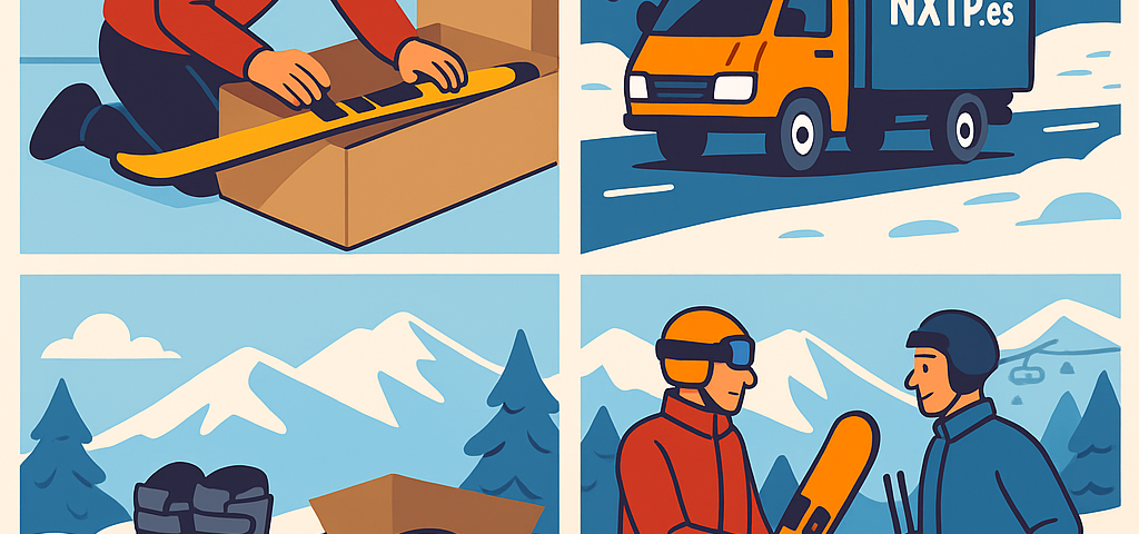Ilustración cómic Flat Design sobre envío de deportes de invierno a Bulgaria con NXTP.es.
