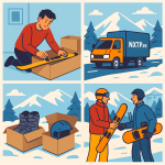 Ilustración cómic Flat Design sobre envío de deportes de invierno a Bulgaria con NXTP.es.