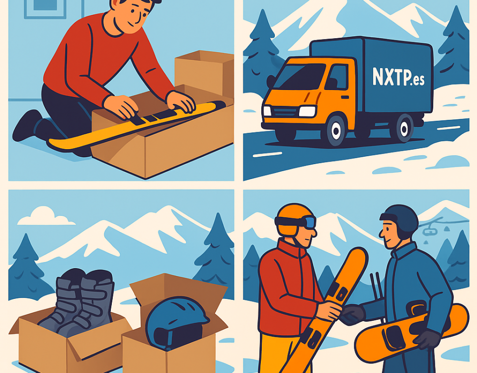 Ilustración cómic Flat Design sobre envío de deportes de invierno a Bulgaria con NXTP.es.