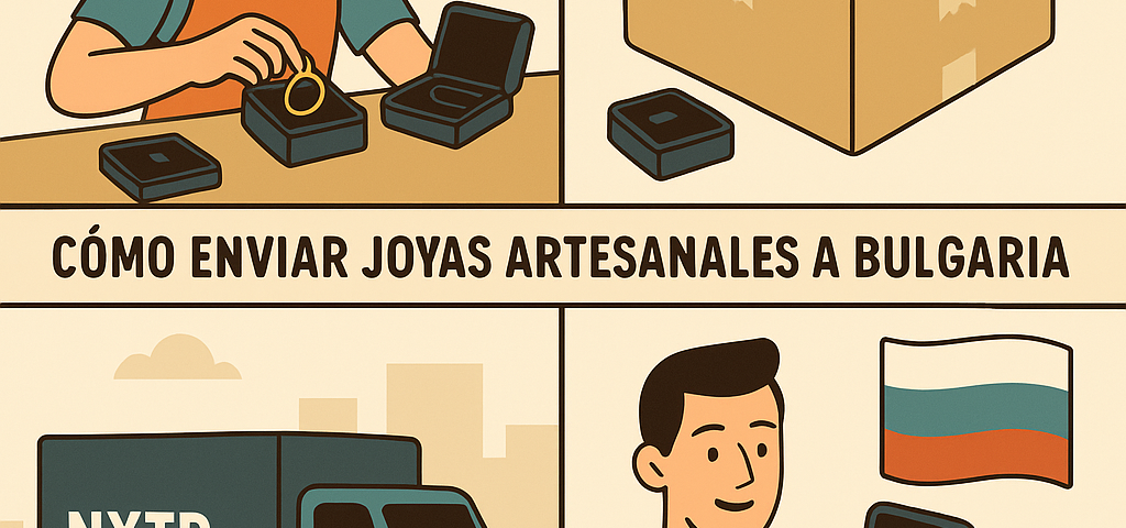 Ilustración cómic Flat Design sobre envío de joyería artesanal a Bulgaria con NXTP.es.