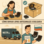 Ilustración cómic Flat Design sobre envío de joyería artesanal a Bulgaria con NXTP.es.