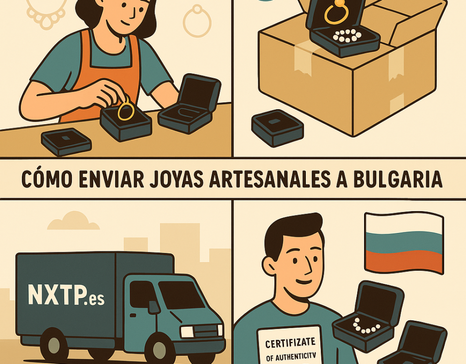 Ilustración cómic Flat Design sobre envío de joyería artesanal a Bulgaria con NXTP.es.