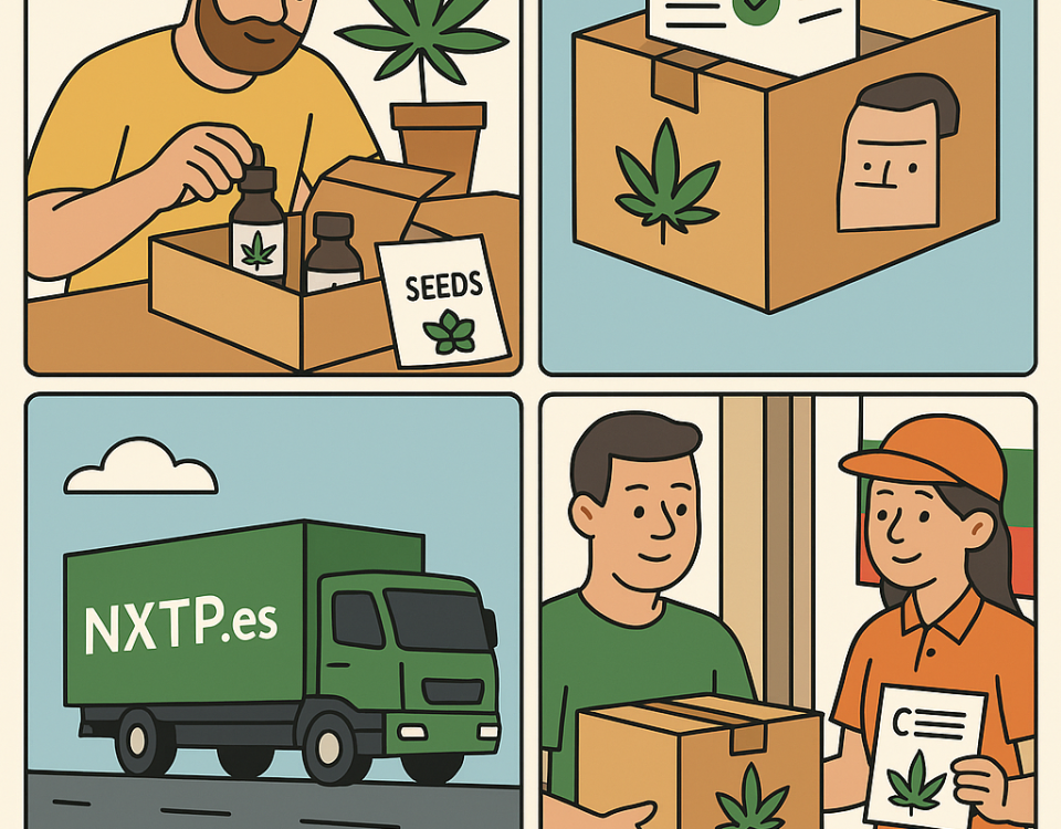 Ilustración cómic Flat Design sobre envío de productos de cannabis legal a Bulgaria con NXTP.es.