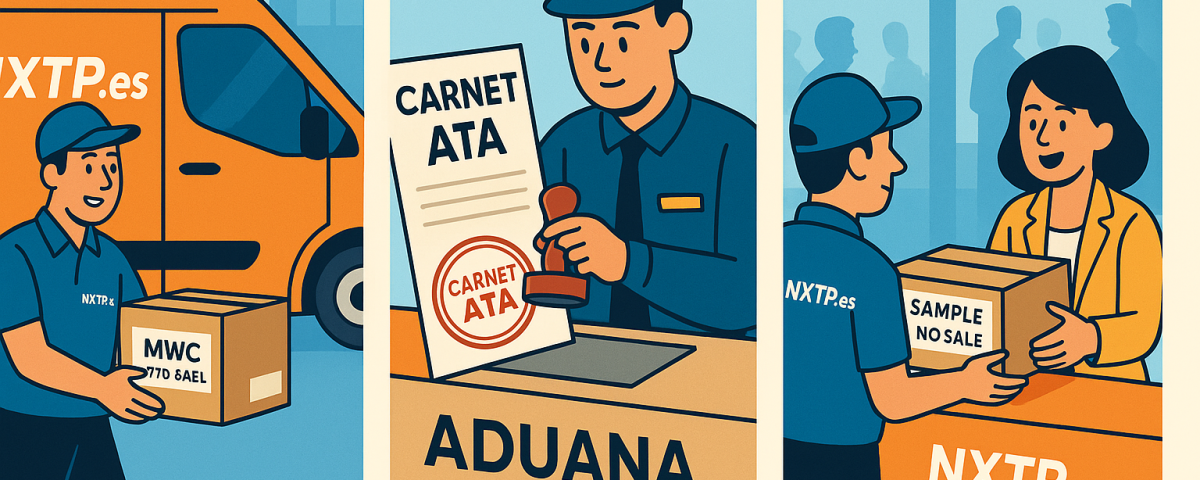 Ilustración de envío muestras ferias con Carnet ATA, furgoneta NXTP.es, aduana y entrega en mano en recinto internacional.