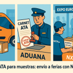 Ilustración de envío muestras ferias con Carnet ATA, furgoneta NXTP.es, aduana y entrega en mano en recinto internacional.