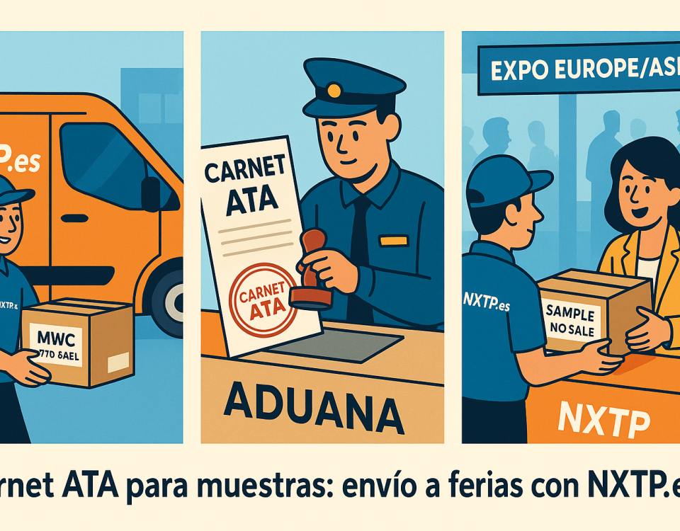 Ilustración de envío muestras ferias con Carnet ATA, furgoneta NXTP.es, aduana y entrega en mano en recinto internacional.